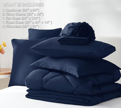 CozyLux Oversized Queen Comforter Set Navy Blue, 7 Pieces Bed in a Bag Comforter Set with Sheets Luxury Bed Set All Seasons, Bedding Set with Down Alternative Comforter, Sheets, Pillowcases & Shams