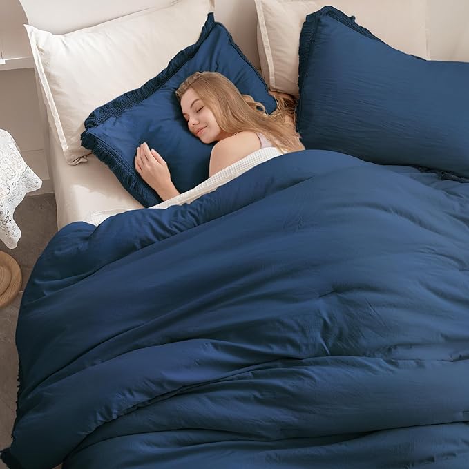 Andency Navy Blue Comforter Set California King, 3 Pieces Boho Tassel Lightweight Bedding Comforter Sets, All Season Soft Fluffy Fringe Bed Set (104x96In Comforter & 2 Pillowcases)