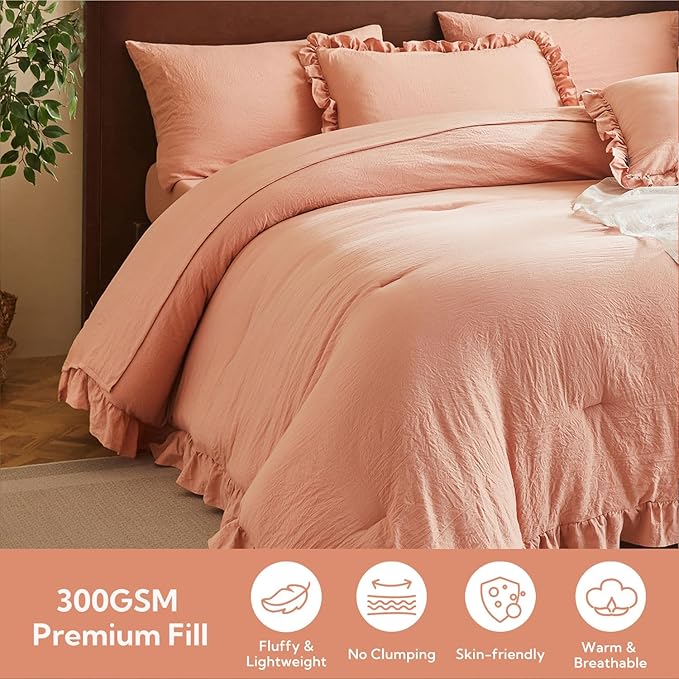 MR&HM California King Comforter Set Coral Pink, Comforter Set 7 Pieces for Girls Women, Shabby Chic Vintage Cottagecore Bed Sets Boho Bed in a Bag, Ultra-Soft & Fluffy Comforter for All Season