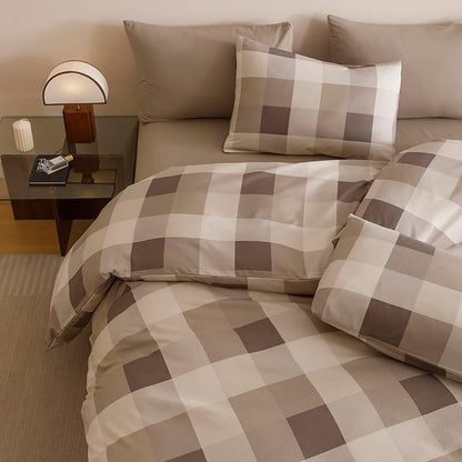 CLOTHKNOW Khaki Plaid Twin Comforter Set Gingham Checker Bedding Comforter Sets Geometric Comforter Twin Sets