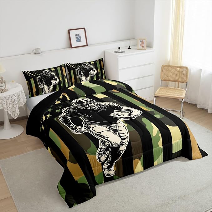 Feelyou Rugby Comforter Set Twin Size Football Player Comforter for Boys Girls Teens Camo Bedding Set American Flag Duvet Set Room Decor Camouflage Quilt Set