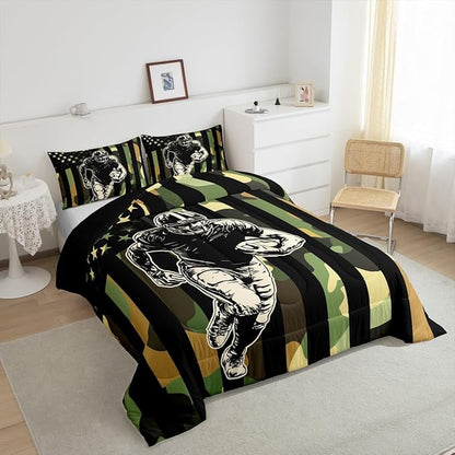 Feelyou Rugby Comforter Set King Size Football Player Comforter for Boys Girls Teens Camo Bedding Set American Flag Duvet Set Room Decor Camouflage Quilt Set