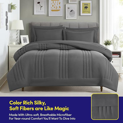 Twin Size Comforter Set Quilted Stripe Bedding Bundle – Stylish Set with Comforter, Mattress Protector, Sheet Set & Pillow Shams — Sophisticated Striped Design for Home & Guest Rooms, Charcoal