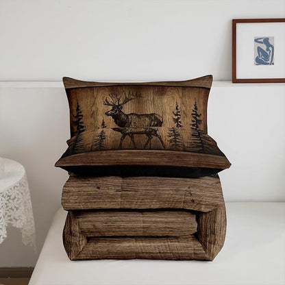 Erosebridal Camo Moose Bedding Comforter Sets Rustic Tree Camouflage Wildlife Bedding Set Twin Woodland Hunting Animal Comforter Set for Kids Boys Men Farmhouse Wood Board Pine Tree Quilt Set