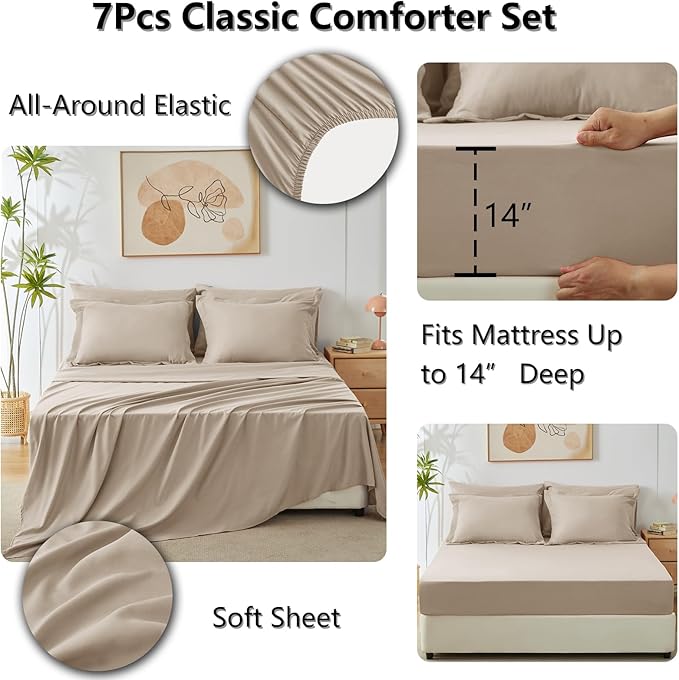 CozyLux King Size Comforter Set Wheat - 7 Pieces Bed in a Bag King, Luxury Soft Bed Set for All Seasons, Bedding Set with Down Alternative Comforter, Sheets, Pillowcases & Shams