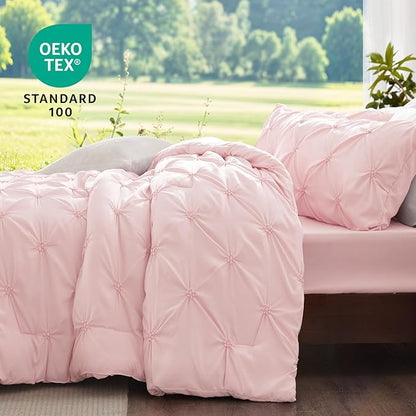 BEDELITE Baby Pink Queen Comforter Set - 3 Pieces Boho Pintuck Bedding Comforter Sets, Lightweight Soft & Warm Bed Comforter Queen with 2 Pillowcases for All Season
