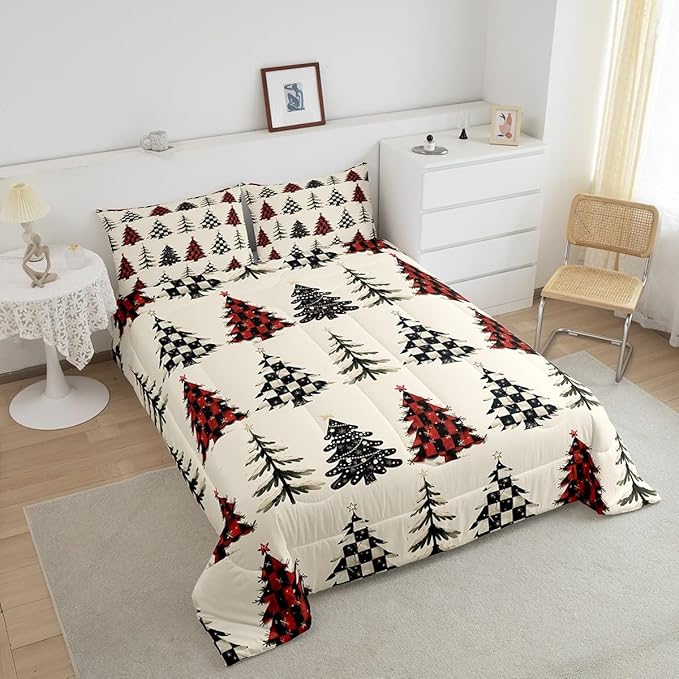 Christmas Tree Bedding Set Full Size,Red White Black Grid Patchwork Comforter Set,Snowflake Xmas Tree Quilt Set for Kids Girls Boys Teens Room Decor,Rustic Beige Duvet Insert,2 Pillowcases