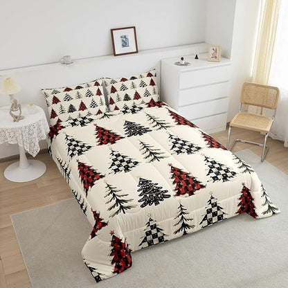 Christmas Tree Bedding Set Full Size,Red White Black Grid Patchwork Comforter Set,Snowflake Xmas Tree Quilt Set for Kids Girls Boys Teens Room Decor,Rustic Beige Duvet Insert,2 Pillowcases