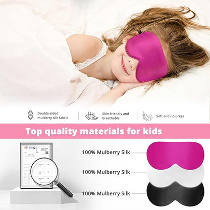 Kids Sleep Mask Eye Cover, 100% Real Natural Pure Silk Eye Mask with Adjustable Strap, Blindfold Kids Eye Mask for Sleeping, Eye Shade for Boys Girls and Adult, Pressure-Free Comfort (Rose red)