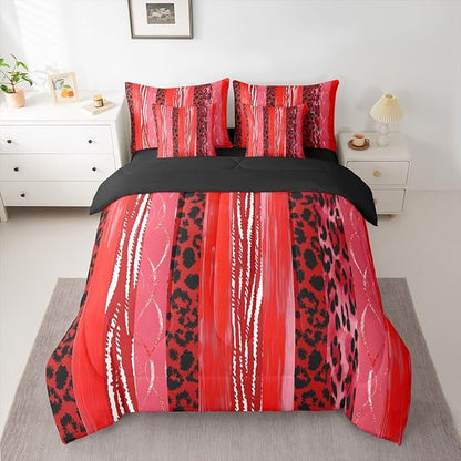Erosebridal Cheetah Fur White Red Geometric Women Comforter Set Queen Size 7 Pieces | Stripe Leopard Print Bed in A Bag Men Adults Bed Set Animal Skin Pattern Bedding