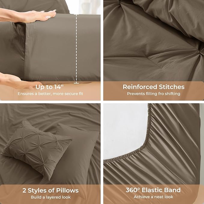 Sasttie Full Size Comforter Set, 7-Piece Bed in a Bag Double, Pintuck Bedding Set for All Season, Includes Comforter, Flat Sheet, Fitted Sheet, Pillowcases and Pillowshams, Brown