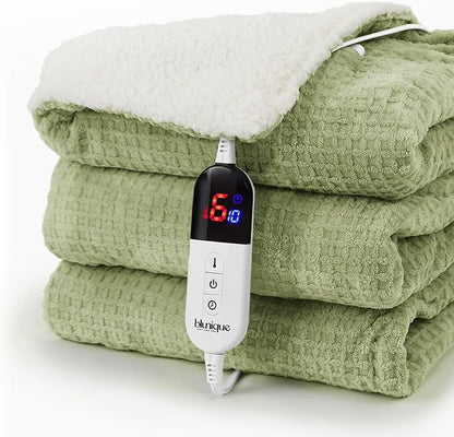 Heated Blanket Electric Blanket Twin Waffle, 62x84 Inches Sherpa Fleece Fast Heating Blanket 6 Heating Levels & 10 Hours Auto Off ETL Certification, Sage Twin