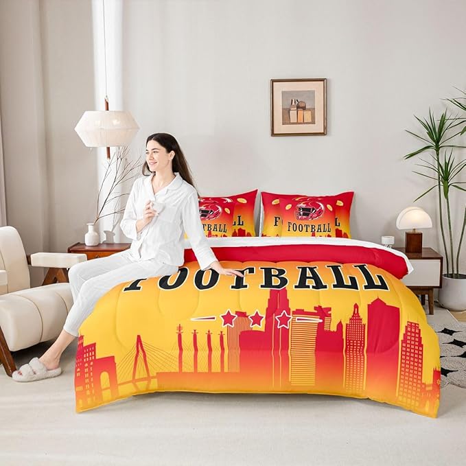 Erosebridal American Soccer Comforter Set with Sheets King Boys Football Fans 7 Pcs Bedding Set American Rugby Sports Bed in A Bag for Kids Teen Adults,City Silhouette Ball Games Bed Set