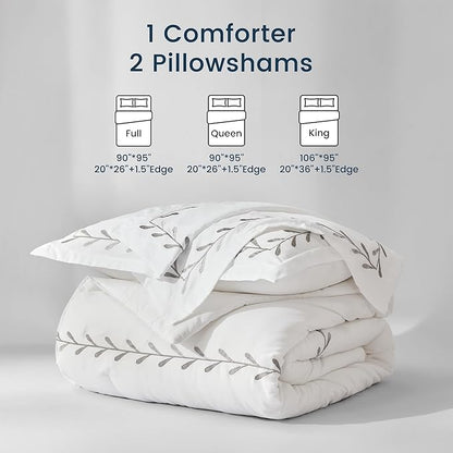 SLEEP ZONE Queen Comforter Set, Luxury Hotel Collection Comforter, 3 Pieces Fluffy Lightweight Down Alternative Duvet Insert with Embroidered Stripes (Olive Leaves, Full/Queen)