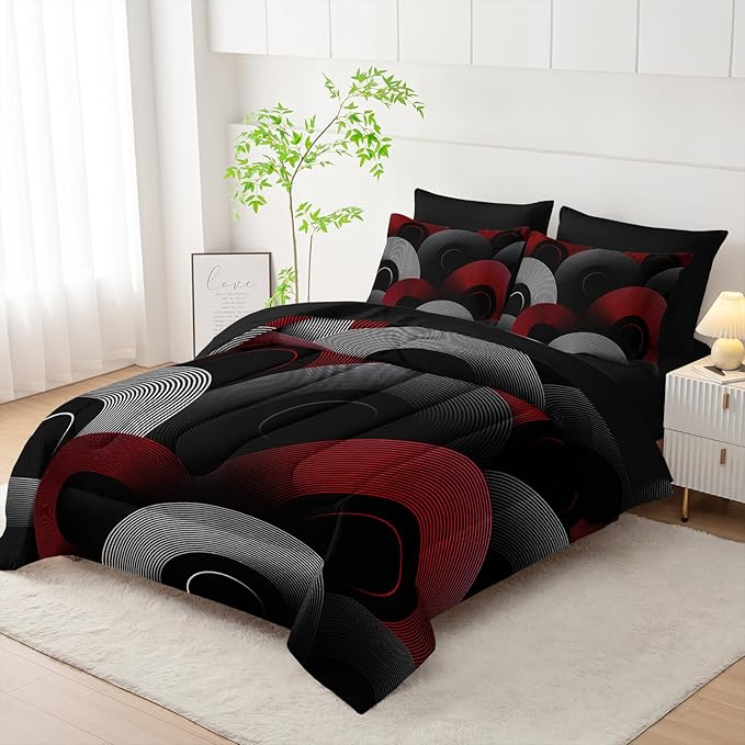7 Piece Black and Red King Comforter Set Geometric Pattern，Geometric Bedding Set Boys，Geometric Bedroom Decor，(1 Comforter, 1 Flat Sheet, 1 Fitted Sheet, 2 Pillowcase and 2 Pillow Sham)