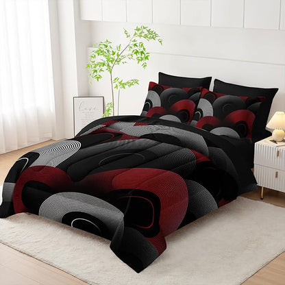 7 Piece Black and Red King Comforter Set Geometric Pattern，Geometric Bedding Set Boys，Geometric Bedroom Decor，(1 Comforter, 1 Flat Sheet, 1 Fitted Sheet, 2 Pillowcase and 2 Pillow Sham)