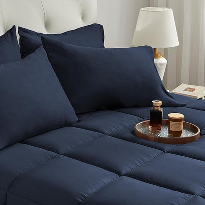 SunStyle Home Navy Blue King Size Comforter Set - 7 Pieces Bed in a Bag, Lightweight Goose Down Alternative Bedding Sets with All Season Comforter, 1 Flat Sheet, 1 Fitted Sheet, 4 Pillowcases