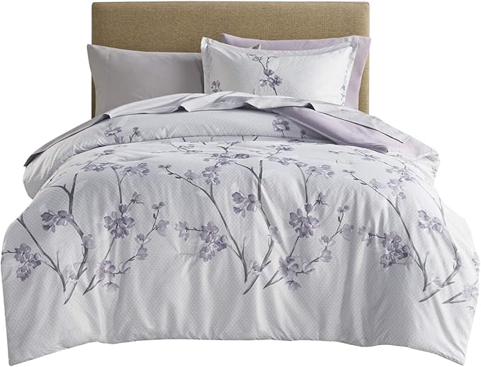 Comfort Spaces Bed in A Bag - Trendy Casual Design Cozy Comforter with Complete Sheet Set with Side Pocket, All Season Cover, Matching Shams Twin(66"x90"), Kate, Grey/Purple 6 Piece