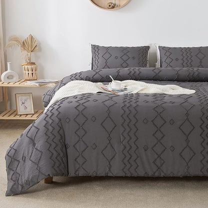 Andency Dark Gray Tufted Comforter Set Full(79x90Inch), 3 Pieces(1 Tufts Comforter, 2 Pillowcases) Boho Textured Farmhouse Bed, Microfiber Down Alternative Geometric Bedding Set