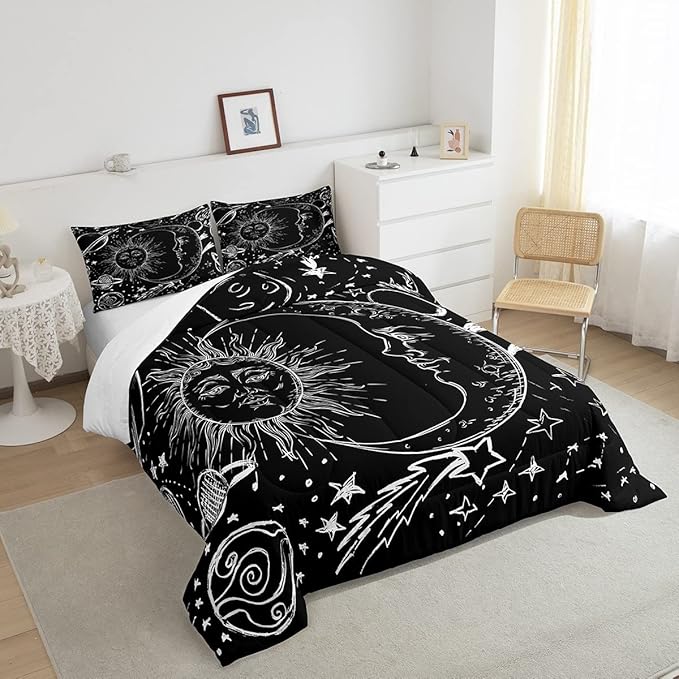 Feelyou Sun and Moon Bedding Set Queen Size Bohemian Style Comforter Set for Kids Boys Girls Galaxy Comforter Cosmic Celestial Quilt Set 1 Comforter Set with 2 Pillowcases