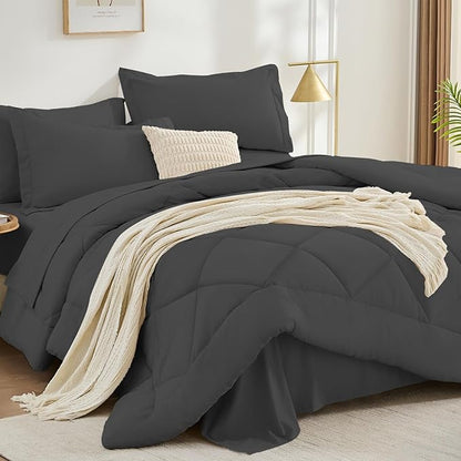 FUANNA 7 Pieces Full Size Comforter Sets, All Season Bedding Sets Full Size, Luxury Soft Bed in a Bag with Comforter, Flat Sheet, Fitted Sheet, Pillowcases & Pillow Shams, Dark Grey