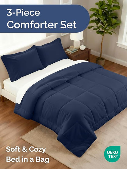 Queen Comforter Set - 3 Piece Bed Set for All Seasons - 1 Soft Quilted Comforter with Corner Tabs & 2 Pillow Shams - Comfy & Breathable - Premium Down Duvet Insert - Oeko-TEX - Queen Size, Navy Blue