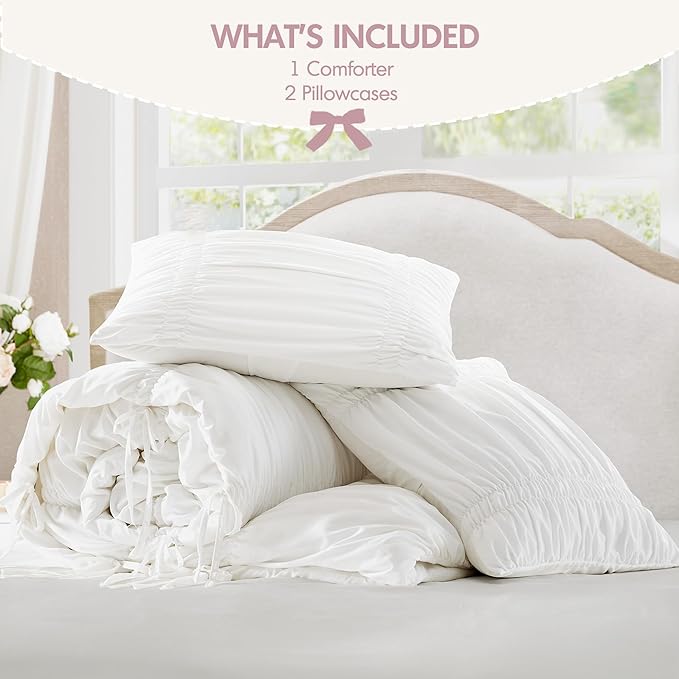 Intelligent Design King Comforter Set Ruched Shabby Chic Comforters for King Size Bed, All Season Lightweight Comforter King, French Country Bedding Set, Shams, Ella, King/Cal King, White, 3 Piece