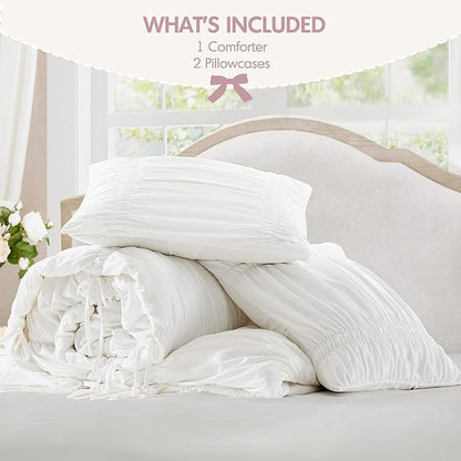 Intelligent Design King Comforter Set Ruched Shabby Chic Comforters for King Size Bed, All Season Lightweight Comforter King, French Country Bedding Set, Shams, Ella, King/Cal King, White, 3 Piece