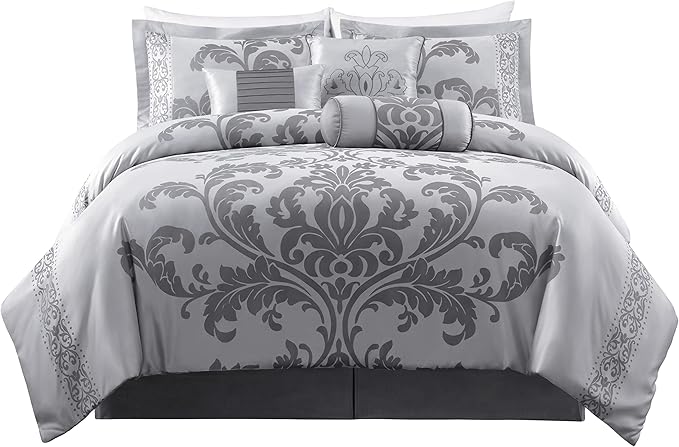 Chezmoi Collection Royale 7-Piece Jacquard Floral Comforter Set, Oversized King, Silver/Gray