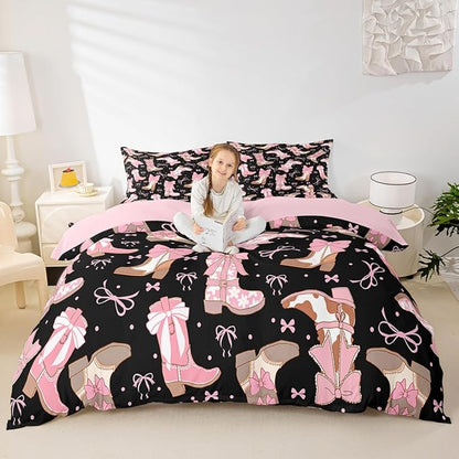 Feelyou Black Pink Western Bedding Set Cowgirl Cowboy Boots Comforter Set for Kids Boys Girls Teens Room Decor Cute Bowknot Dreamy Princess Style Comforter Full Size Girly Duvet Set 3Pcs