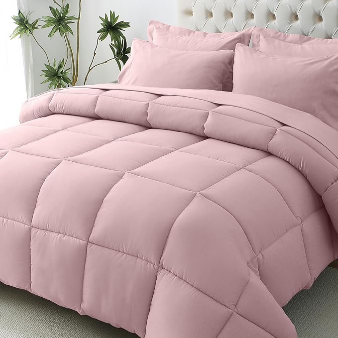 JOLLYVOGUE Full Comforter Set, Ultra-Soft Bed in a Bag Full Size 7 Pieces, Oeko-TEX Certified Bedding Set with Down Alternative Comforter, Sheets, Pillowcases & Shams, Camio Pink