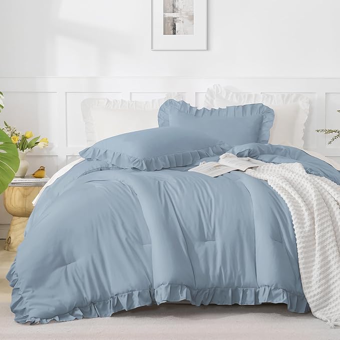 Andency Grayish Blue Twin Size Comforter Set(66x90Inch), 2 Pieces(1 Ruffle Comforter and 1 Pillowcase) Solid Farmhouse Shabby Chic Comforter, Lightweight and Soft Microfiber Bedding Set for All Season
