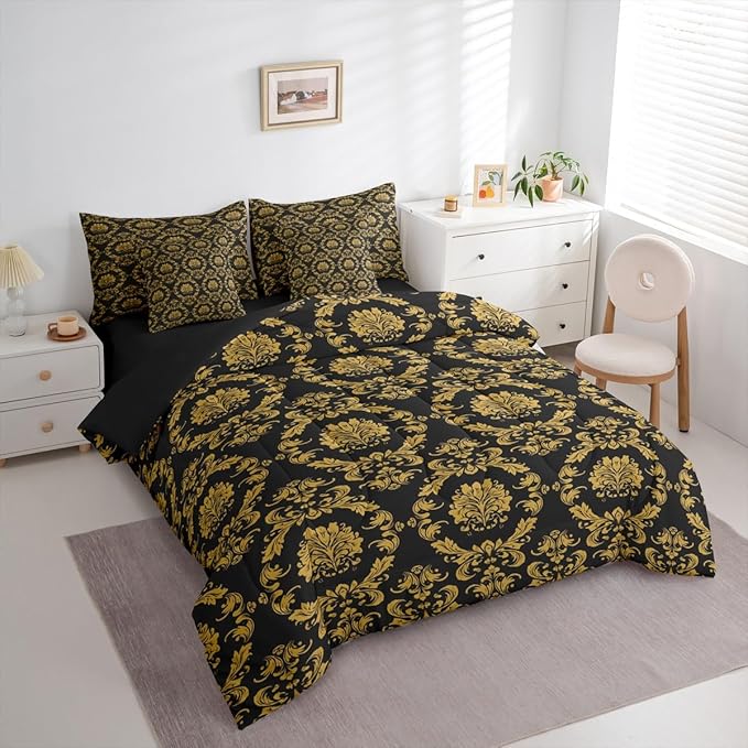Erosebridal Black and Gold Damask 7-Piece Comforter Set Full Bed in a Bag | Victorian Decor Gothic Vintage Floral Bedding Sets Baroque Goth Comforter and Sheet Set, Luxury Bohemian Room Decor
