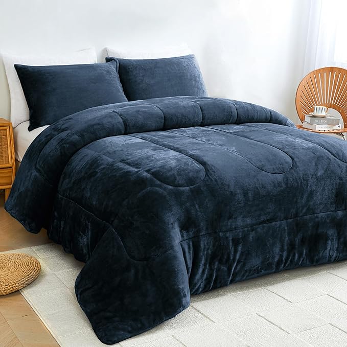 Faux Fur Comforter Set, Ultra Soft Warm Plush Velvet Comforter, Fluffy Fuzzy Fleece Bedding Comforter Sets for Fall Winter, No Shedding, 3PC, King Size, Blue