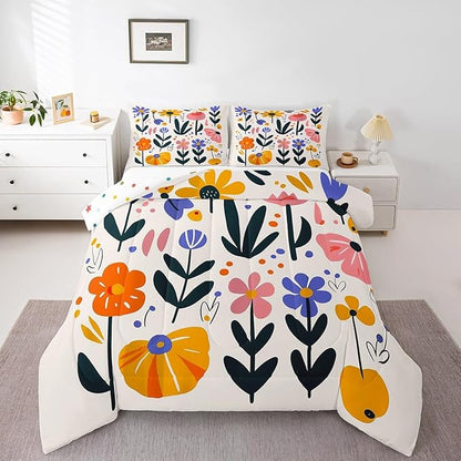Hippie Floral Kids Twin Size Comforter Set,Vintage 70s Retro Bohemian Reversible Bedding Set for Teens Bedroom,Groovy Flowers Plant Cartoon Sketch Quilted Duvet Set with 1 Pillowcase