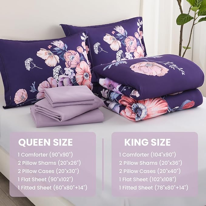 Queen Comforter Set - 7 Pieces Bed in a Bag Dark Purple Floral Queen Comforter Set with Sheets, Soft Microfiber Flower Complete Bedding Set for All Seasons（Dark Purple,90"x90"）