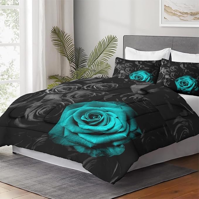 Full Size Comforter Set with 2 Pillowcases, Cyan Rose Flower 3 Pcs Bedding for Kids and Adults, Summer Vintage Floral Soft Comforter Set for Bedroom Bed Decor