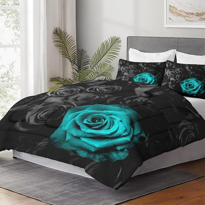 King Size Comforter Set with 2 Pillowcases, Cyan Rose Flower 3 Pcs Bedding for Kids and Adults, Summer Vintage Floral Soft Comforter Set for Bedroom Bed Decor