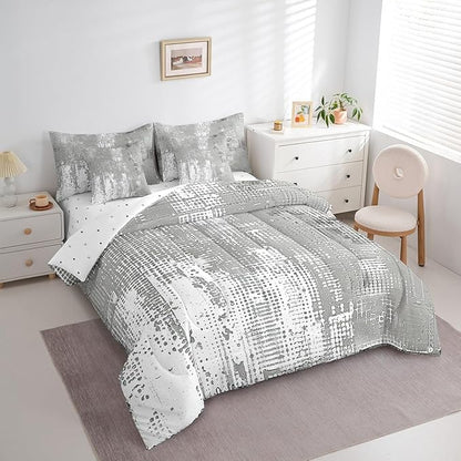 Erosebridal Grey Graffiti Bedding Comforter Sets 7-Piece Vintage Grunge Bedding Set, Abstract Artwork Full Size Comforter Set with Flat Sheet, Fitted Sheet, Pillowcases and Throw Pillow Covers