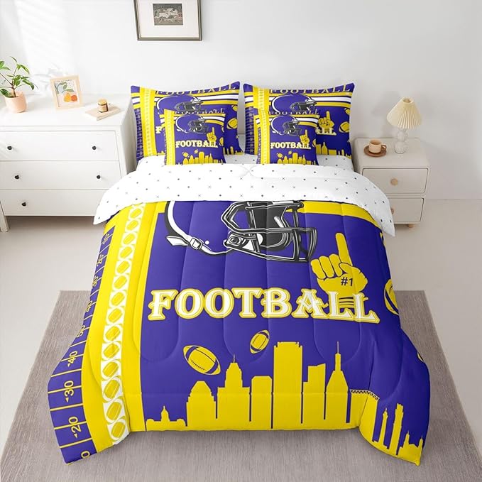 Feelyou Football 7 Pieces Comforter Sets Rugby Sports Bedding Set Queen Size Sports Theme Bed in a Bag with Comforter, Sheets, Pillowcases & Cushion Cover