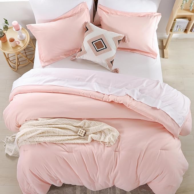 weigelia Queen Comforter Set Blush Pink Comforter Set 7 Pieces Comforters Queen Size Bedding Set with Flat Sheets, Fitted Sheet, Pillow Shams, Pillowcases for All Season