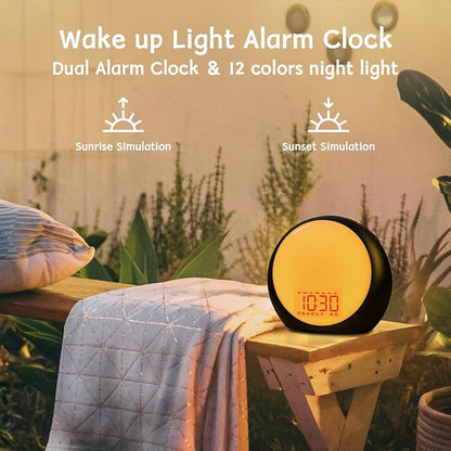 Sunrise Alarm Clock Wake Up Light for Kids Heavy Sleepers Bedroom with Sunrise Sunset Simulation Sleep Aid Dual Alarms Snooze Nightlight Brown Noise sound machine with 25 Nature sounds for Sleeping
