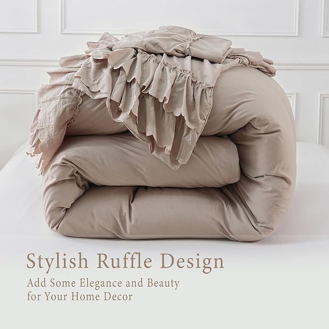 Herside Taupe Boho Comforter King Size,Shabby Chic Ruffle Bedding Set,2 Layers Ruffles Fluffy Vintage Comforter Home Decor,Farmhouse 3 Pcs Microfiber Lightweight Quilt Set