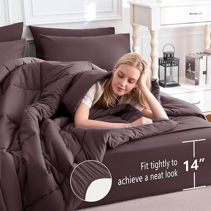 CozyLux Full Size Comforter Set Cocoa Powder, 7 Pieces Bed in a Bag, Cocoa Powder Comforter Full Size, All Season Bedding Sets with Stitch Quilted Comforter, Flat Sheet, Fitted Sheet, Pillowcases