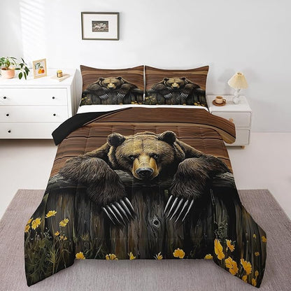 Feelyou Kids Bear Comforter Set Toddler Size Rustic Cabin Country Bedding Set for Boys Girls Wood Farmhouse Comforter Adult Duvet Set,1 Comforter+ 1 Pillow Shams,Brown Yellow
