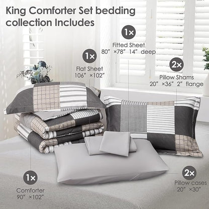 Comforter Set King Size Plaid Patchwork Comforter Bedding-7 Piece Bed in a Bag,Soft Fluffy Reversible Microfiber Bedding Set(1 Comforter,1 Flat Sheet,1 Fitted Sheet,2 Pillowcases,2 Pillow Shams),Grey