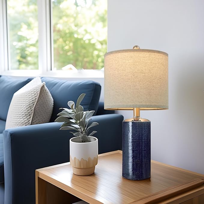 20.25" Small Table Lamps Set of 2 Modern Ceramic Lamps for Living Room Farmhouse Bedside Lamps Boho for Night Stands Bedroom Lamps Side Table Lamps End Table Lamps, Blue