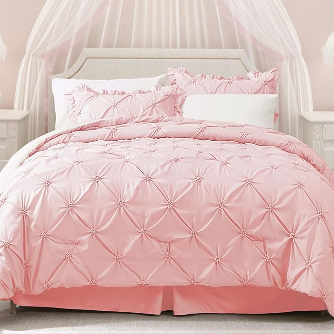 JOLLYVOGUE Queen Comforter Set 7 Pieces, Pink/Ivory Bed in a Bag Comforter Set for Bedroom, Bedding Comforter Sets with Comforter, Sheets,Ruffled Shams & Pillowcases