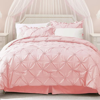 JOLLYVOGUE Queen Comforter Set 7 Pieces, Pink/Ivory Bed in a Bag Comforter Set for Bedroom, Bedding Comforter Sets with Comforter, Sheets,Ruffled Shams & Pillowcases