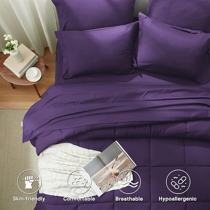 Anluoer California King Size Bed in a Bag 7 Pieces,Dark Purple Cal King Comforter Set with Sheets,All Season Bedding Sets with Comforter,Pillow Shams,Pillowcases,Flat Sheet,Fitted Sheet